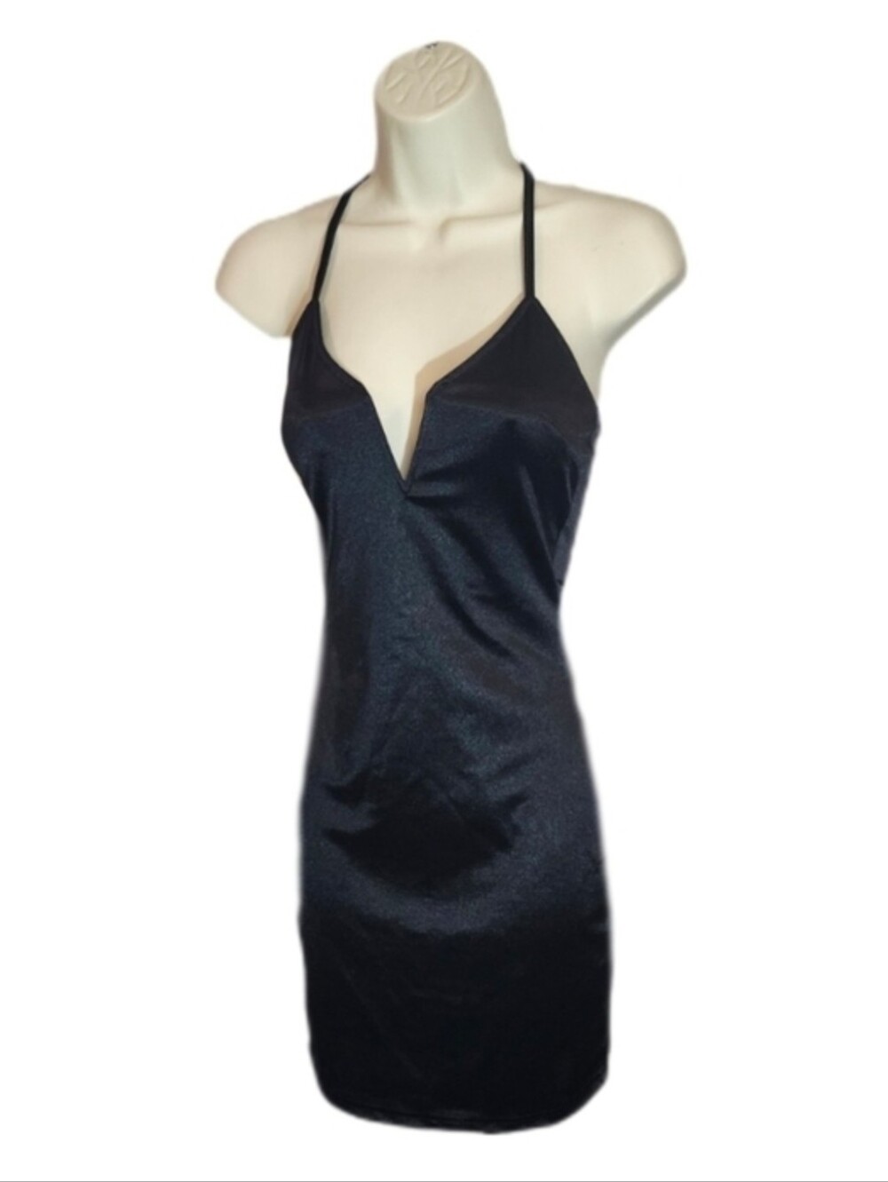 Dress Y2K Bodycon Satin Plunge Spaghetti Strap Mini Black Size S